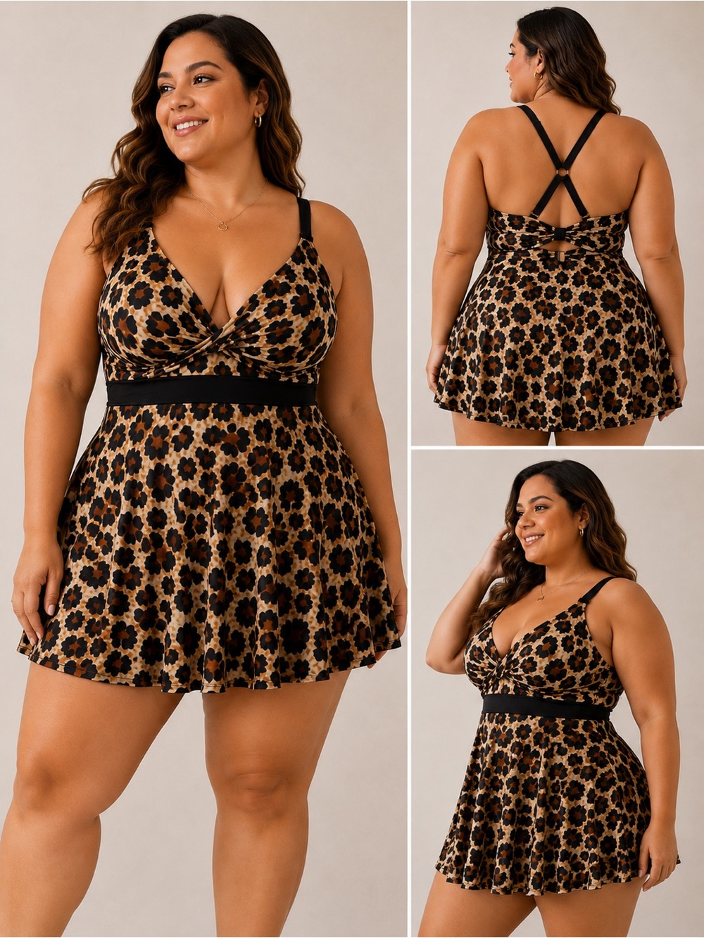 Plus Size Brown Leopard Print Swim Dress Bikini